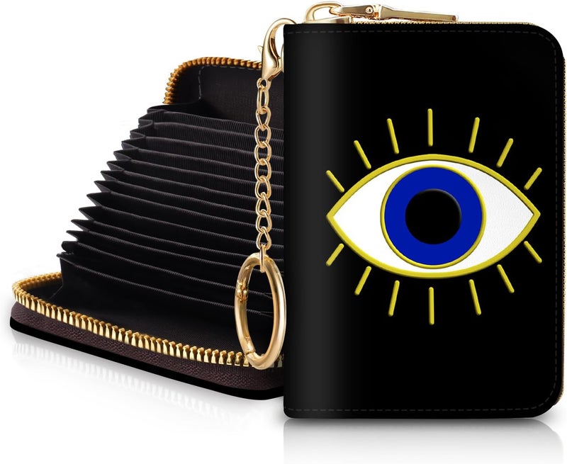 Blusabaca RFID Credit Card Holder Wallets for Women, Small Evil Eye Card Case Wallet with Removable Keychain and Zipper, Leather Card Holder Pocket Business Card Accordion Wallet - Image 1